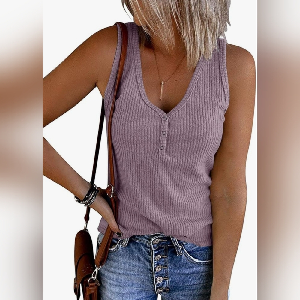 Women's Bundle of 2 V Neck Ribbed Button Henley Tank Top, Size XL